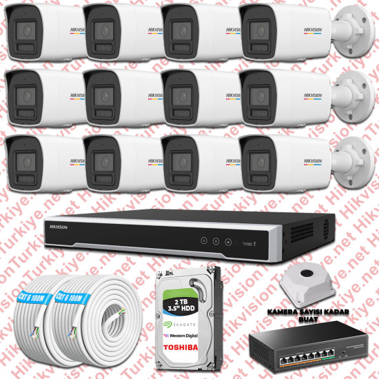 Hikvision 12 İp Güvenlik Kamerası Seti 4mp Colorvu Hibrit